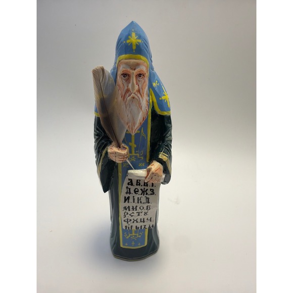 Handmade Other - Hand Carved Linden Wood St Cyrillic Monk Mesrop Figurine Scroll Quill 5.75"